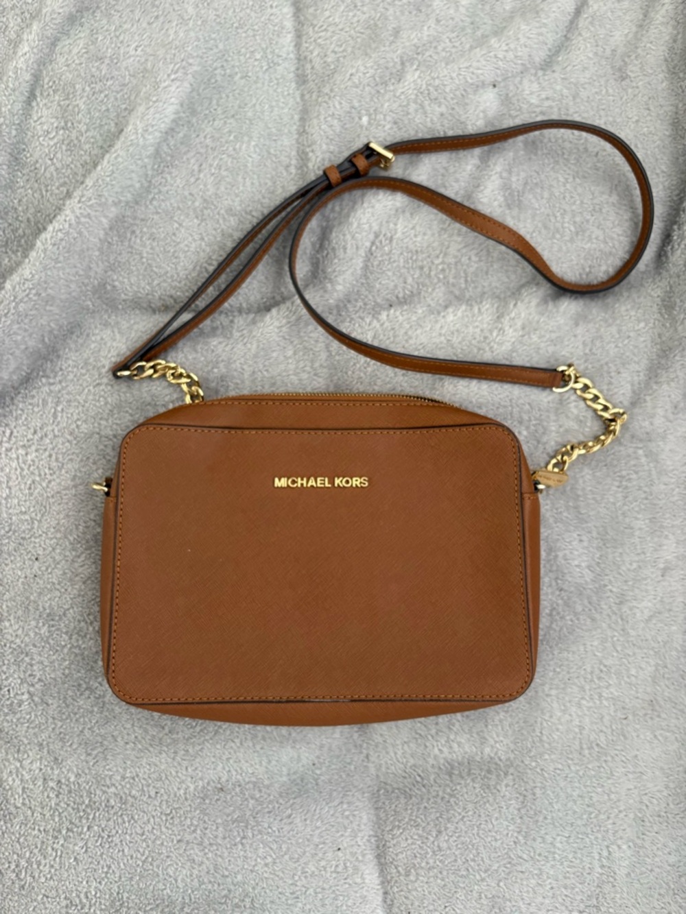 Michael Kors Brown Leather Crossbody with Gold Chain Strap